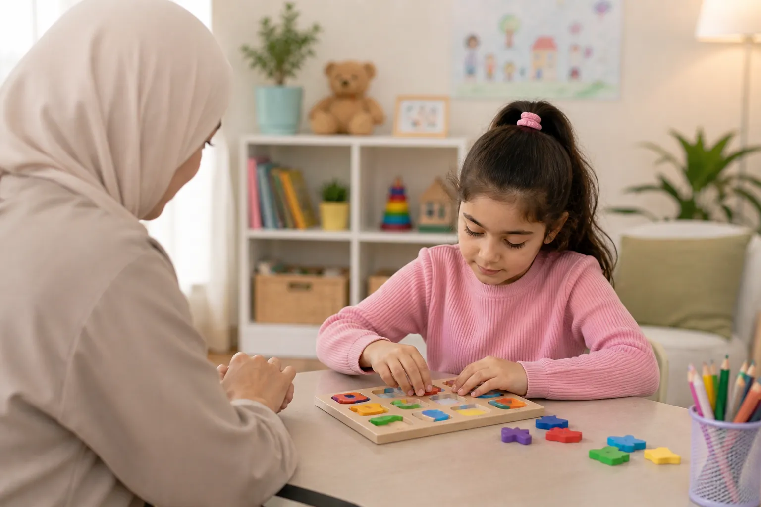 Child psychology session with Ms. Tehreem Talat — child completing puzzle assessment in Lahore clinic