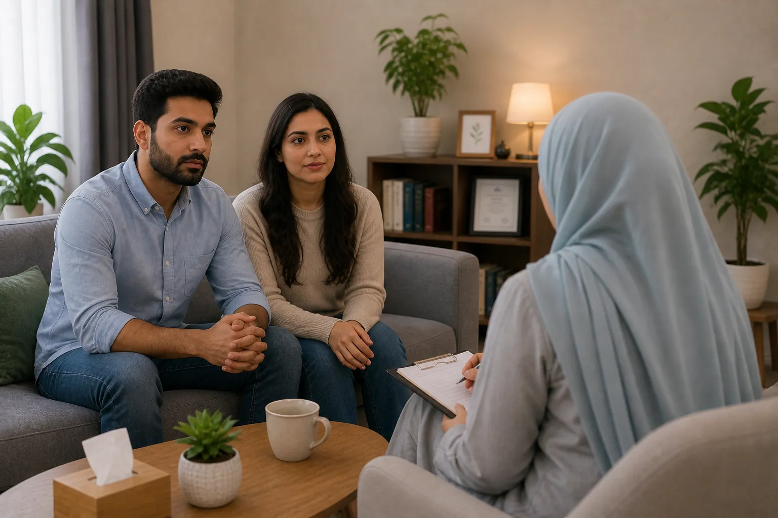 Couples therapy session with a psychologist in Lahore — husband and wife in counselling